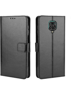 Θήκη Xiaomi Redmi Note 9s / Note 9 Pro / Note 9 Pro Max OEM Crazy Horse Leather με βάση στήριξης, υποδοχές καρτών και μαγνητικό κούμπωμα Flip Wallet δερματίνη μαύρο