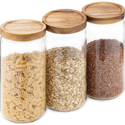 Navaris Glass Storage Jars 950ml Set of 3 - Σετ 3 Στρογγυλά Γυάλινα Βάζα Αποθήκευσης με Καπάκι από Ξύλο Ακακίας - 950ml - Clear (54492.01.03)