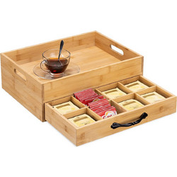 Navaris Tea Tray with Tea Bag Organizer Drawer - Δίσκος Σερβιρίσματος Τσαγιού από Μπαμπού με Συρτάρι Οργάνωσης 12 Θέσεων - 38 x 28 x 12.7 cm - Light Brown (57072.01)