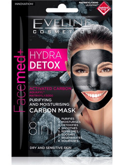 Eveline Face Med+ Hydra Detox Purifying Carbon Sheet Μαύρη Μάσκα Προσώπου για Ενυδάτωση με Άνθρακα 2x5ml