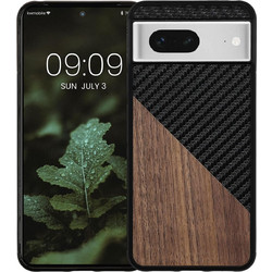KWmobile Wood and Carbon Fiber - Σκληρή Ξύλινη Θήκη με TPU Bumper και Ανθρακονήματα - Google Pixel 8 - Walnut / Dark Brown / Black (61873.01)