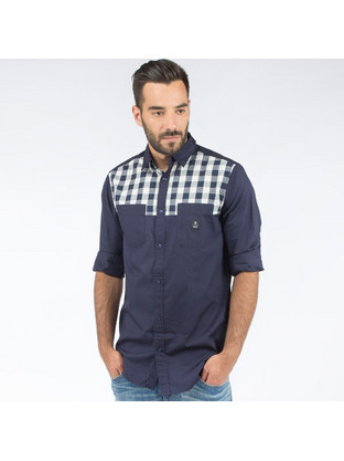 WeSC Kaynblue Ανδρικό Πουκάμισο Βαμβακερό Καρό Μακρυμάνικο Κανονική Γραμμή Μπλε