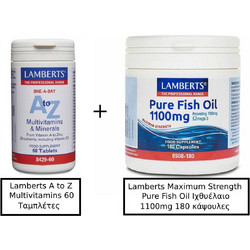 Lamberts A to Z Multivitamins 60 ταμπλέτες & Lamberts Maximum Strength Pure Fish Oil Ιχθυέλαιο 1100mg 180 κάψουλες