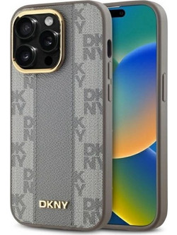 DKNY Leather Checkered Mono Pattern MagSafe iPhone 14 Pro Case - Beige