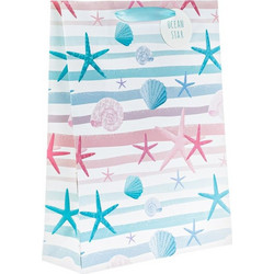 Τσάντα Δώρου Καλοκαιρινή Λευκή Ριγέ Πολύχρωμα Κοχύλια Αστερίες 32x11x42cm