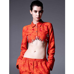 MILKWHITE Grapefruit Lace Crystal Letters Cropped Blazer