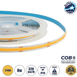GLOBOSTAR(R) BEE 70361 Ταινία LED 8W/m 720lm/m 120 DC 24V IP20 320 x COB Chip/m Θερμό Λευκό 2700K Dimmable - Sanan COB Chip - Μ500 x Π0.8 x Υ0.2cm - Ρολό 5 Μέτρων