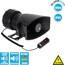 GloboStar(R) 85698 Τηλεβόας - Ντουντούκα - Σειρήνα - Κόρνα Αυτοκινήτου με 5 Προγράμματα Ήχητικών Εφέ Αστυνομίας - Πυροσβεστικής - Security με Μικρόφωνο - 100W 300db DC 12V Αδιάβροχο IP65