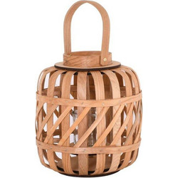 Lantern Round Φανάρι Κήπου- Βεράντας Ξύλινο, Απόχρωση Φυσικό, με Γυάλινο Ποτήρι σετ 4 τμχ
