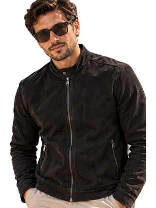 Ανδρικό μαύρο μπουφαν Suede Look με βελούδινη υφή, μοντέρνο γιακά τύπου biker και διακοσμητικά κουμπώματα (ΚΩΔ. EL33 )