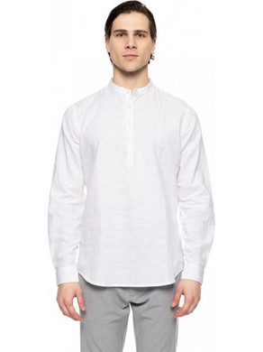 Smart Ανδρικό Πουκάμισο Λινό Μακρυμάνικο Slim Fit με Mao Γιακά Λευκό 51-203-003