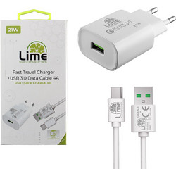 Lime LTU25 Φορτιστής με Καλώδιο USB-C με Θύρα USB-A 21W Quick Charge 3.0 & Power Delivery