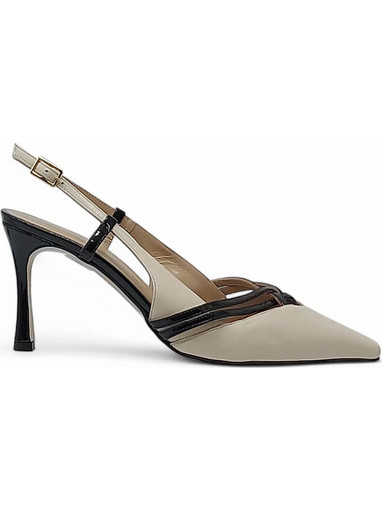 Mourtzi Γόβες Slingback Δερμάτινες με Λεπτό Ψηλό Τακούνι Μαύρες Εκρού 75/71610-9