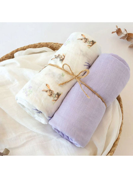 Kiokids Bunny Πάνες Αγκαλιάς από Μουσελίνα Λευκές Λιλά 120x120cm 2τμχ
