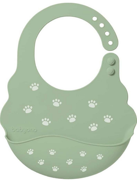 BabyOno Paws Αδιάβροχη Σαλιάρα Σιλικόνης με Κουμπί & Τσέπη 6m+ Πράσινο Mint
