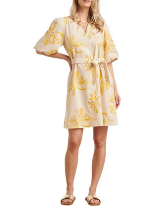 Smashed Lemon Mini Καλοκαιρινό Καθημερινό Φόρεμα Floral Λινό Μπεζ 26051720-150