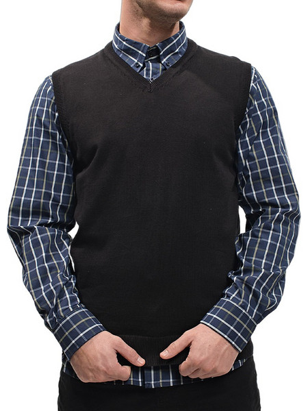 Double Ανδρική Καζάκα με V Λαιμόκοψη Μαύρη KNIT-8022