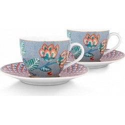 Pip Studio Flower Festival Σετ Φλιτζάνια Espresso & Ελληνικού Καφέ Πορσελάνης Μπλε 120ml 2τμχ 51004138