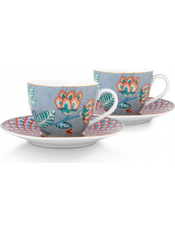 Pip Studio Flower Festival Σετ Φλιτζάνια Espresso & Ελληνικού Καφέ Πορσελάνης Μπλε 120ml 2τμχ 51004138
