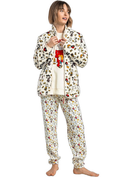 Admas Peanuts Meet Up Snoopy Γυναικεία Ρόμπα Χειμωνιάτικη Fleece Εκρού Πολύχρωμη 67381