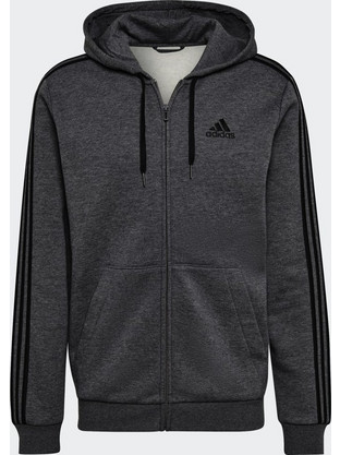 Adidas Essentials 3-Stripes Ανδρική Ζακέτα Fleece με Κουκούλα και Φερμουάρ Ανθρακί HB0042