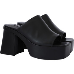 Nine West DANZI3 Γυναικεία Πέδιλα Δερμάτινα Μαύρα με Χοντρό Ψηλό Τακούνι και Φιάπα