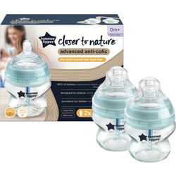 Tommee Tippee Advanced Σετ Πλαστικά Μπιμπερό με Θηλή Σιλικόνης κατά των Κολικών 0m+ Mint 2x150ml