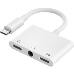 3 in 1 USB-C + 3.5mm + 3.5mm to USB-C Digital Charge Audio Adapter (White) (OEM)