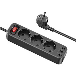 Hoco NS2 Πολύπριζο 3 Θέσεων με Διακόπτη, 3 USB και Καλώδιο 1.8m Μαύρο