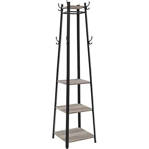 VASAGLE Coat Rack, Coat Stand with 3 Shelves, Ladder Shelf with Hooks for Scarves, Bags and Umbrellas, Steel Frame, Industrial Style, Greige and Black LCR080B02