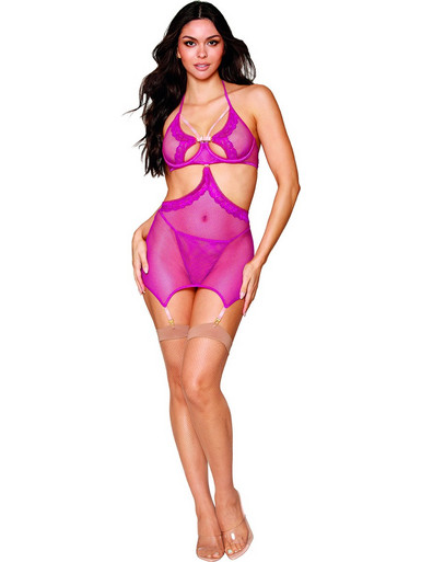 Dreamgirl Sexy Two Piece Set See Through με Δαντέλα & Ζαρτιέρες Φούξια 13275