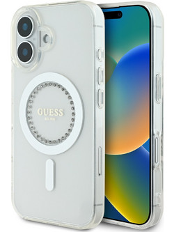 Guess IML Rhinestones Ring MagSafe Back Cover White (iPhone 16)