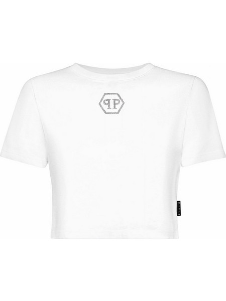 PHILIPP PLEIN T-SHIRT ROUND NECK SS CRYSTAL HEXAGON LOGO ΣΤΡΑΣ ΛΕΥΚΟ