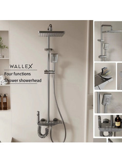 Wallex HydroFlow - Θερμοστατική Στήλη Ντους 4 Λειτουργιών με Ρυθμιζόμενο Ύψος 75-145cm & Piano-Style Πλήκτρα | Γραφίτης