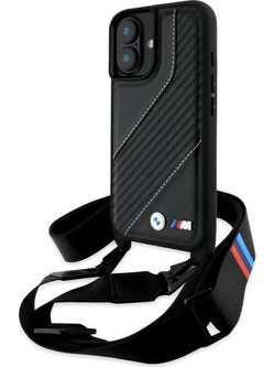 Θήκη κινητού BMW Leather M Edition Carbon Stripe & Strap for iPhone 16 Plus Black
