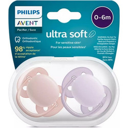 Philips Avent Ultra Soft Ανατομικές Ορθοδοντικές Πιπίλες Σιλικόνης 0-6m Purple Pink 2τμχ SCF091/31