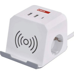 Emos πολύπριζο κύβος με USB και ασύρματη φόρτιση Qi 2m - λευκό (P0222CQ)