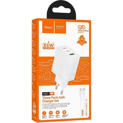 Hoco N51 Φορτιστής με Καλώδιο USB-C με Θύρα USB-A & 2 Θύρες USB-C 65W Power Delivery White