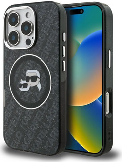 Karl Lagerfeld IML Glitter Karl & Choupette Heads Logo MagSafe Back Cover Black (iPhone 16 Pro)