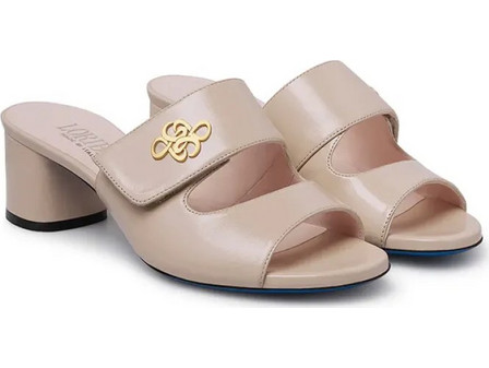 Gold metal logo sand leather mules