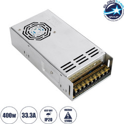 GloboStar(R) 73037 Μεταλλικό Τροφοδοτικό PELV για Προϊόντα LED 400W 33.3A - AC 220-240V σε DC 12V - IP20 - Μ20 x Π10 x Υ5cm