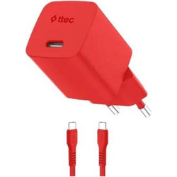 Ttec 2SCG45CN Φορτιστής με Καλώδιο USB-C με Θύρα USB-C 45W Quick Charge 3.0 & Power Delivery Neon Red