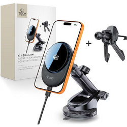 Tech-Protect V21 MagSafe Car Holder with 25W QI2.2 Inductive Charger for Cockpit/Windshield/Air Vent - Black