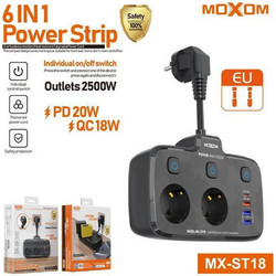 Moxom Πολύπριζο Ασφαλείας 2 Θέσεων με USB-A και Διακόπτη MX-ST18