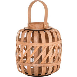 Lantern Round Φανάρι Κήπου- Βεράντας Ξύλινο, Απόχρωση Φυσικό, με Γυάλινο Ποτήρι σετ 4 τμχ