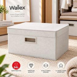 Wallex PureBox 24L - Premium Σκληρό Υφασμάτινο Κουτί Αποθήκευσης με Ενισχυμένη Δομή, Σκληρό Πάτο, Καπάκι & Λαβή | Off White | 40x30x20cm
