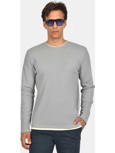 Ανδρικό Πουλόβερ Normal Fit Με Στρογγυλή Λαιμόκοψη & Κεντημένο Σήμα - ΓΚΡΙ ΑΝΟΙΧΤΟ