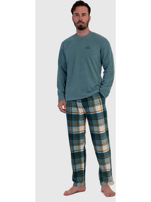 Vienetta Man Ανδρική χειμερινή fleece πυτζάμα με καρό παντελόνι-161926 Πετρόλ