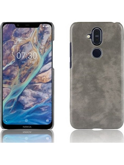 Θήκη Nokia 8.1 OEM Litchi Skin Leather Plastic Series Πλάτη από σκληρό πλαστικό γκρι