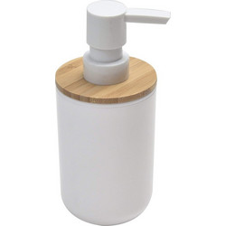 Διανεμητής σαπουνιού Dispenser, Δοχείο για κρεμοσάπουνο με αντλία σε Λευκό χρώμα με Bamboo λεπτομέρειες - Evideco